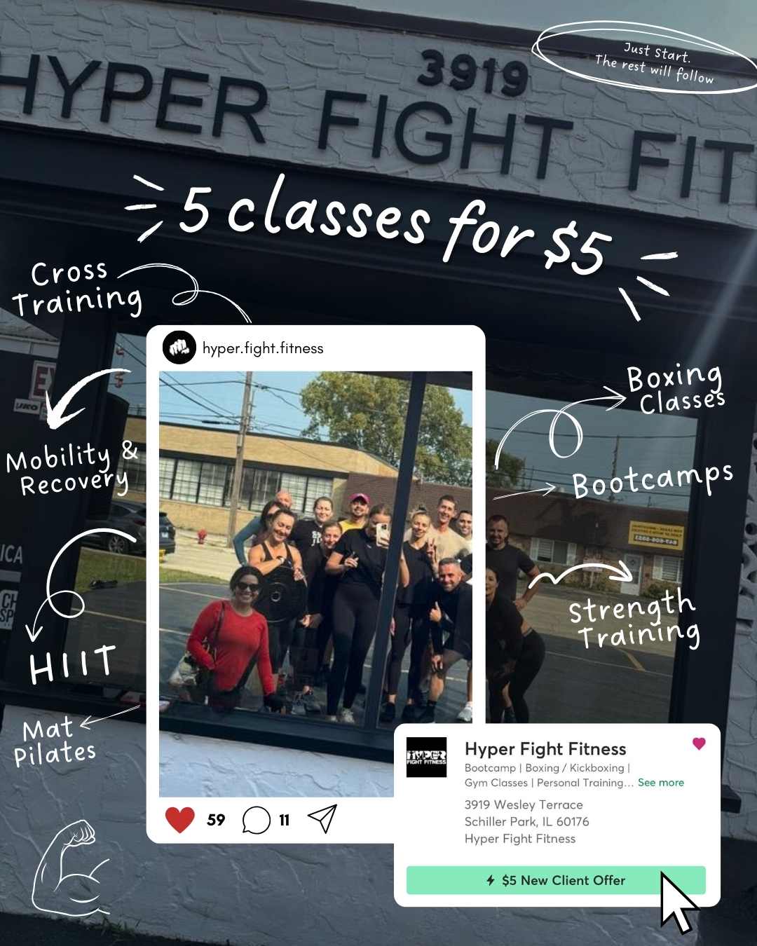 Front of the gym with group of athletes taking a selfie
